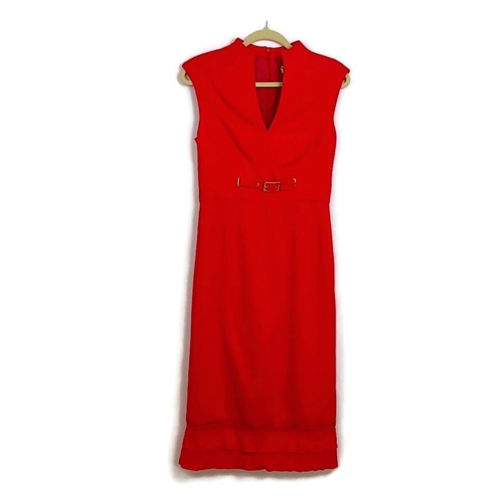 Trina Turk Sheath Dress Womens 6 Red Sleeveless Belted Ruffle Hem High V-Neck